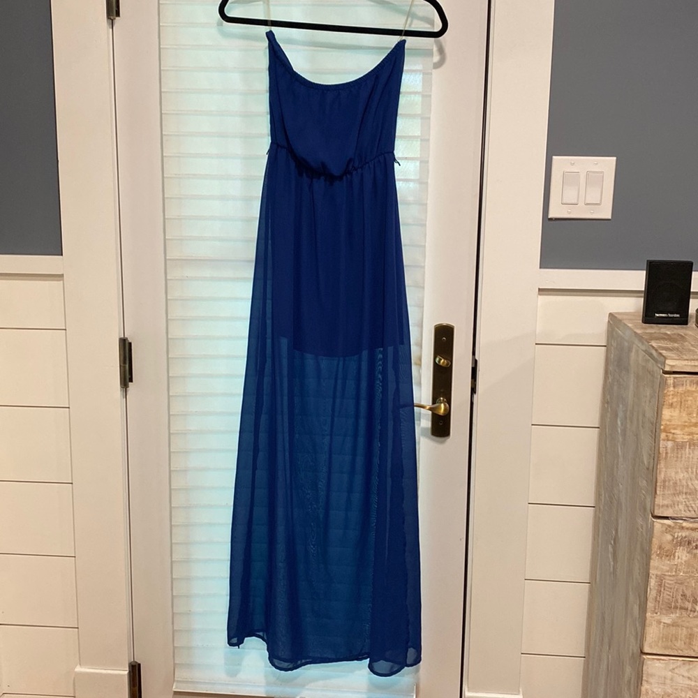Royal blue strapless dress sheer at the bottom as well as a small slit.